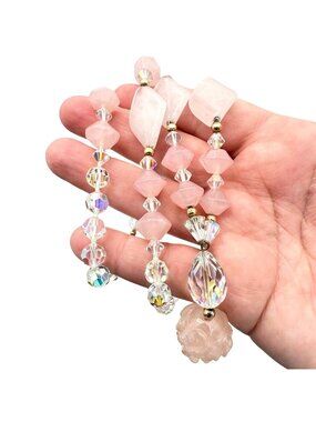Womens Necklace 14k Gold Pink Carved Rose Quartz and Crystal 32 Inch